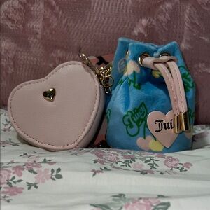 Juicy Couture Blue Velvet micro drawstring Pouch and Light Pink Heart Coin Purse